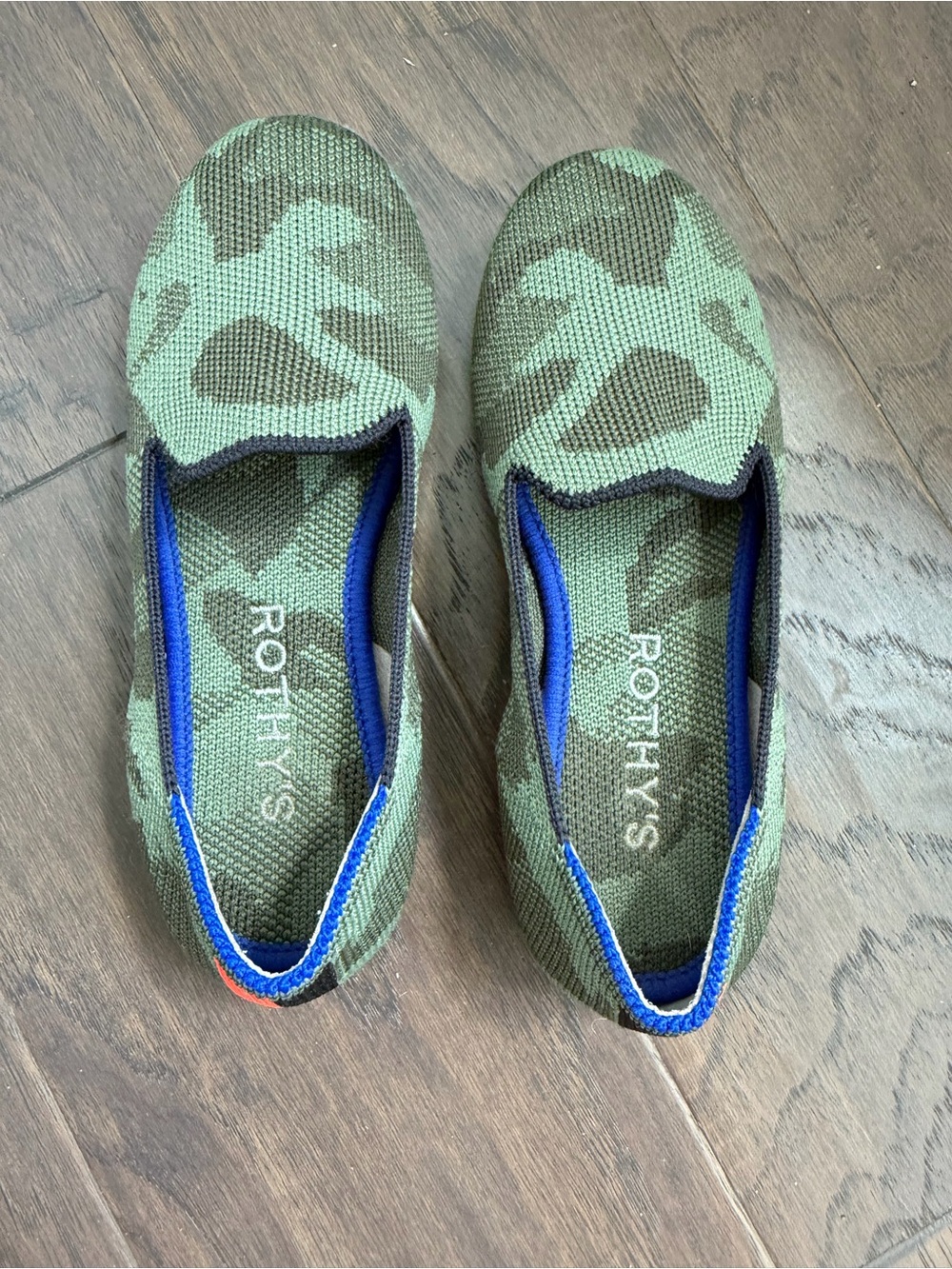 Rothy's Kids Camo Slip-On Shoes in Green with Blue Trim